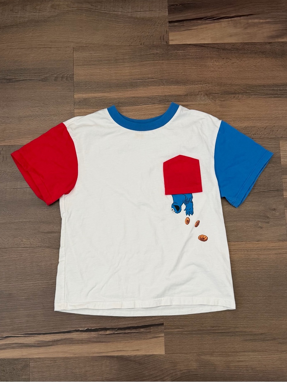 Balabala Sesame Street Unisex Cookie Monster Color Block Pocket T-Shirt Sz 6-7